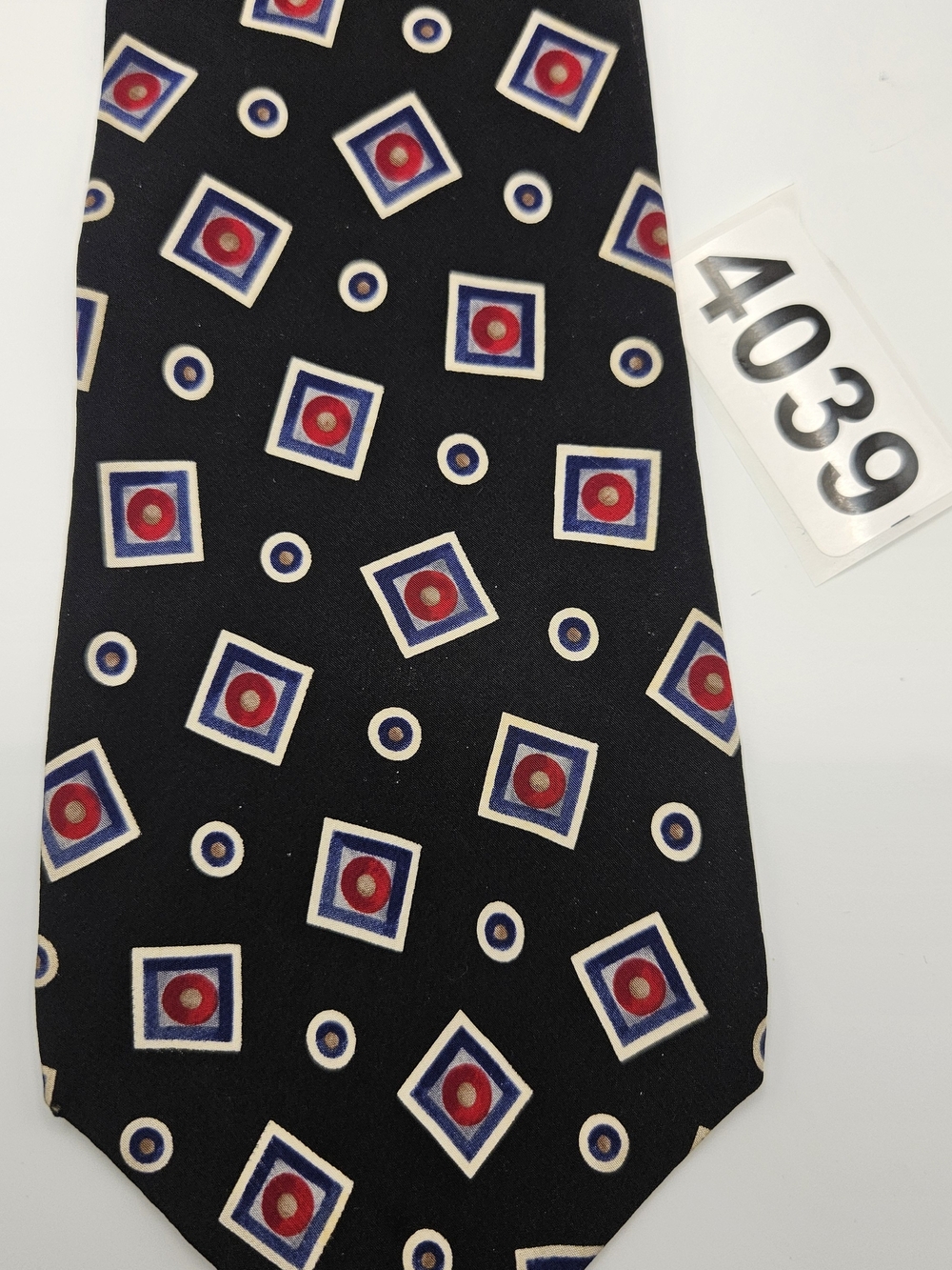 Dior Black Silk Tie with Red and Blue Geometric Motif